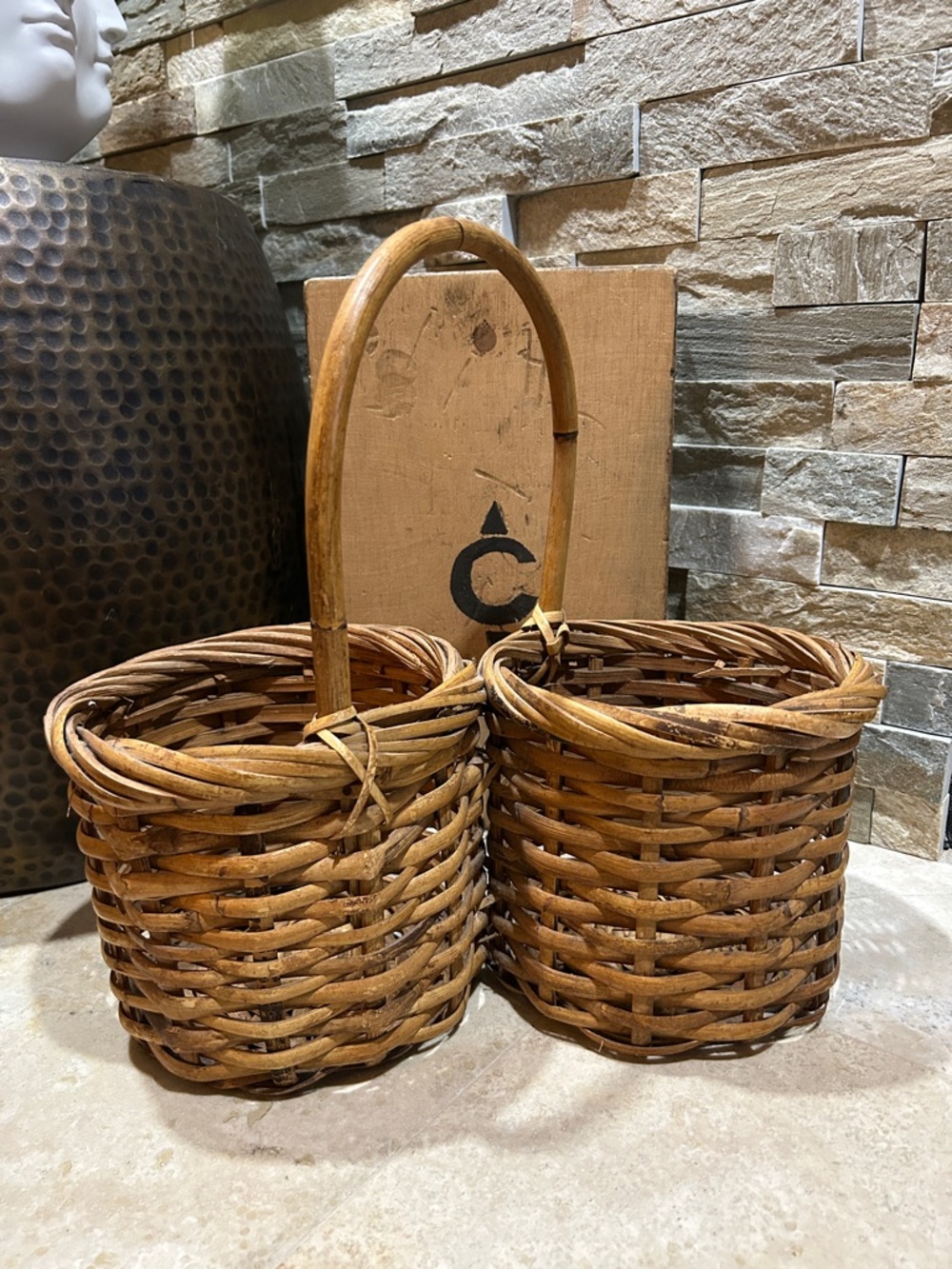 Natural Brown Double Woven Picnic Basket with Handle